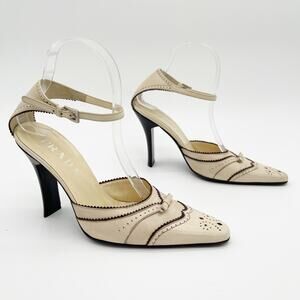 Vintage Prada Beige Leather Bow Brogue Pointed Toe Ankle Strap High Heels IT 38
